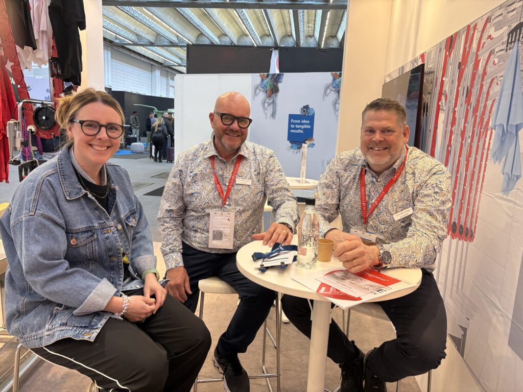 Pictured at Texprocess 2026 are Ellen Flybäck, Sven Sørbo and Jan Johansson.